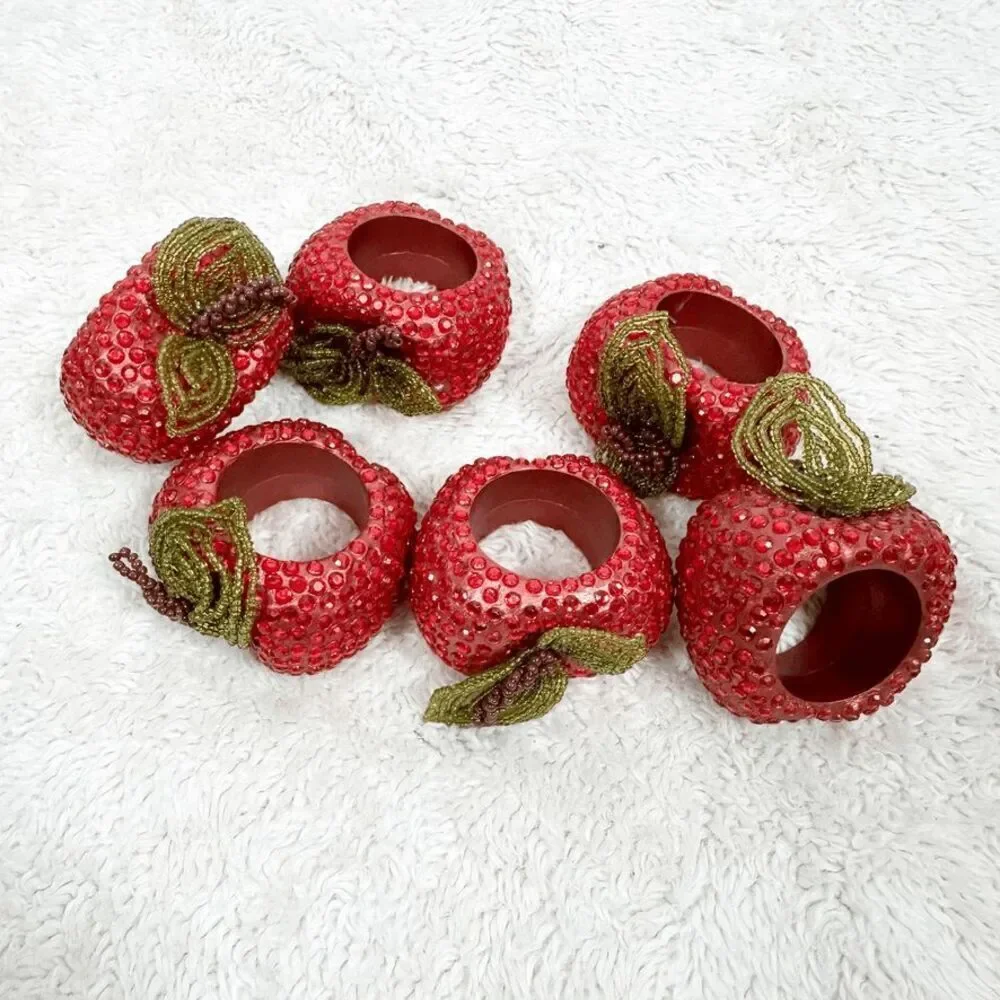 Set of 6 Bejeweled Apple Napkin Rings Kitchen Table Decor Beaded Summer Fall